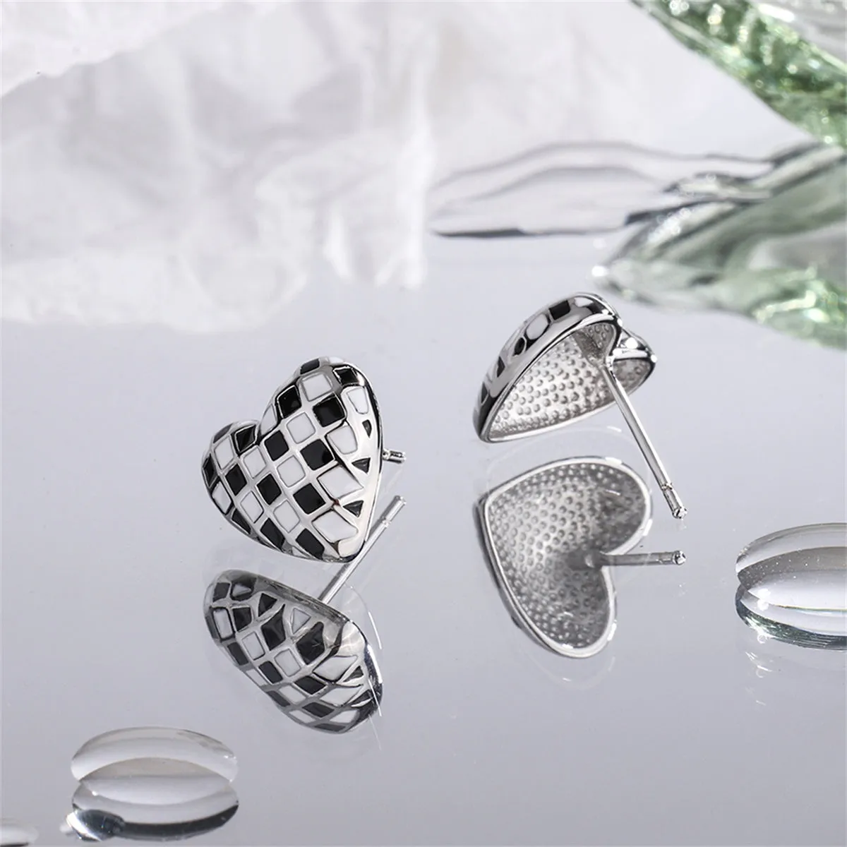 Black & White Checkerboard Heart Stud Earrings
