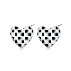 Black & White Checkerboard Heart Stud Earrings