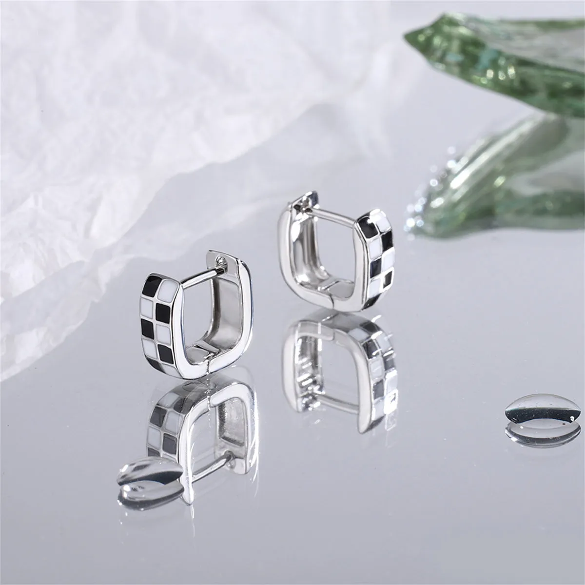 Black & White Checkerboard Square Huggie Earrings