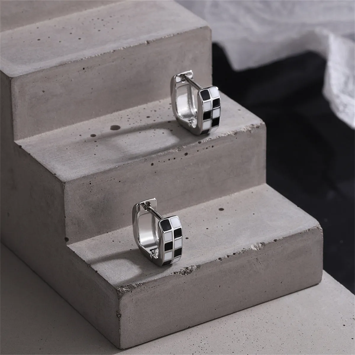 Black & White Checkerboard Square Huggie Earrings