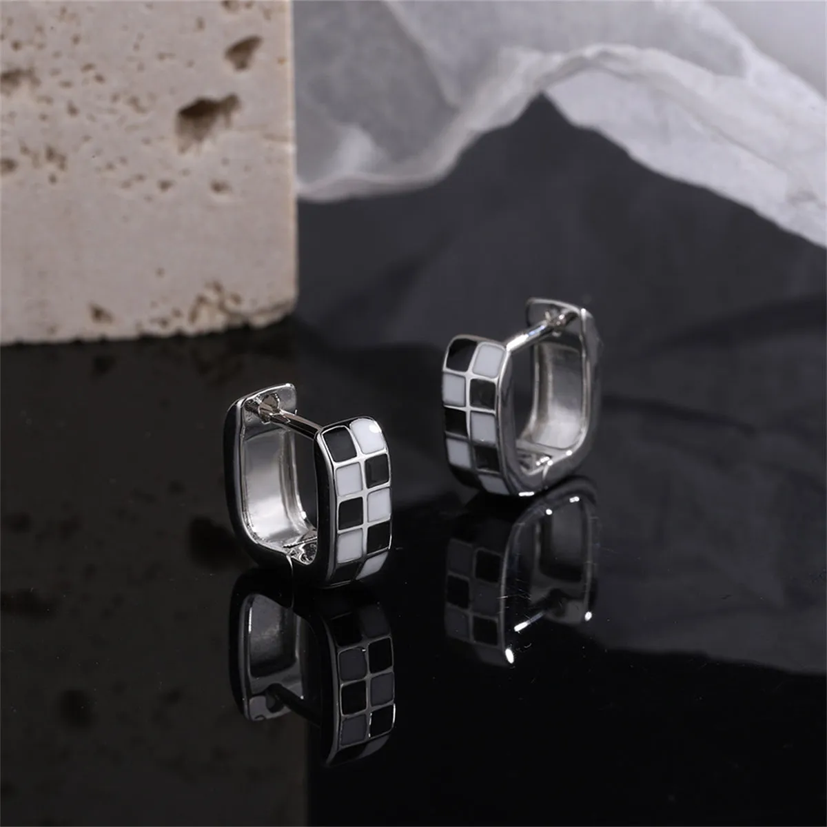 Black & White Checkerboard Square Huggie Earrings