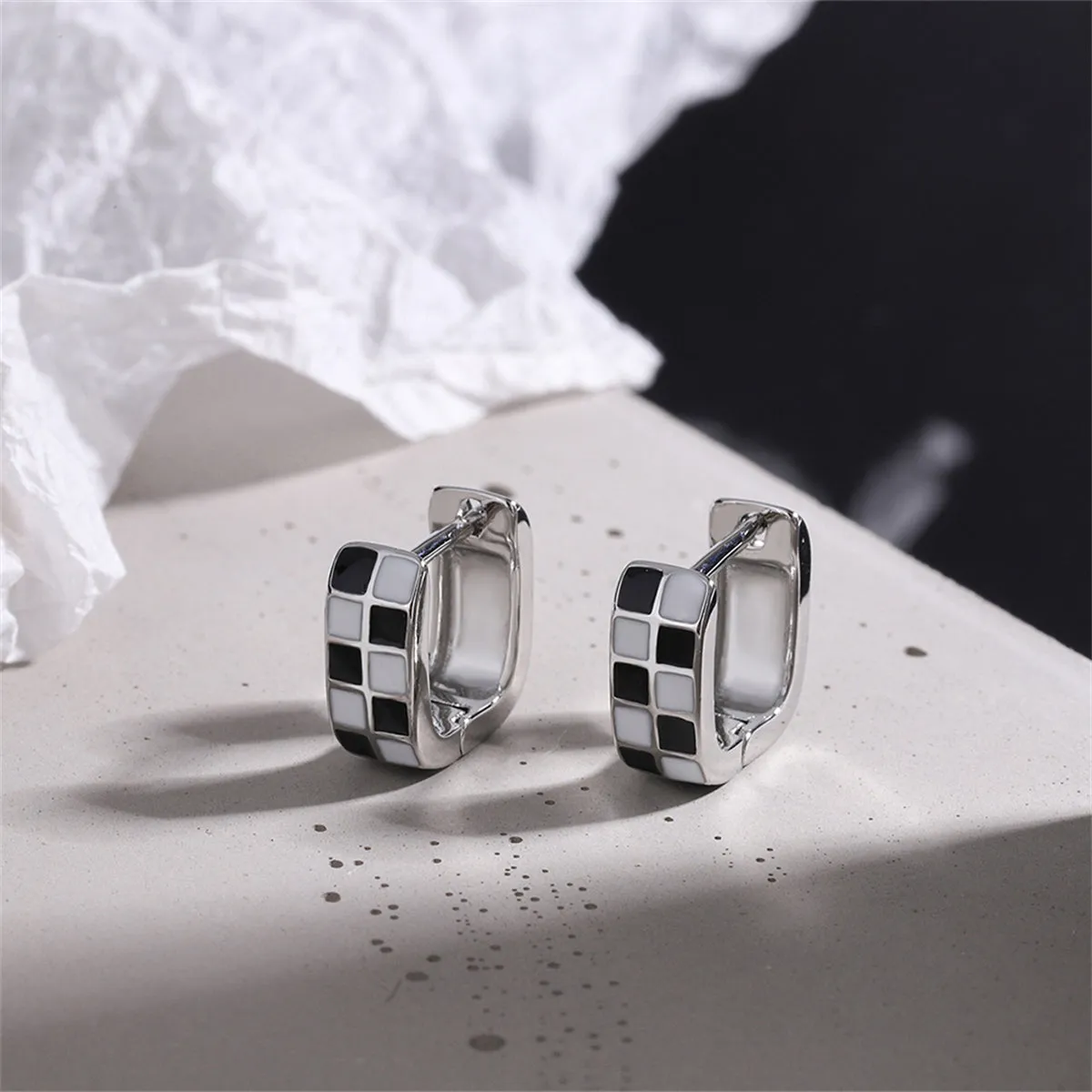 Black & White Checkerboard Square Huggie Earrings