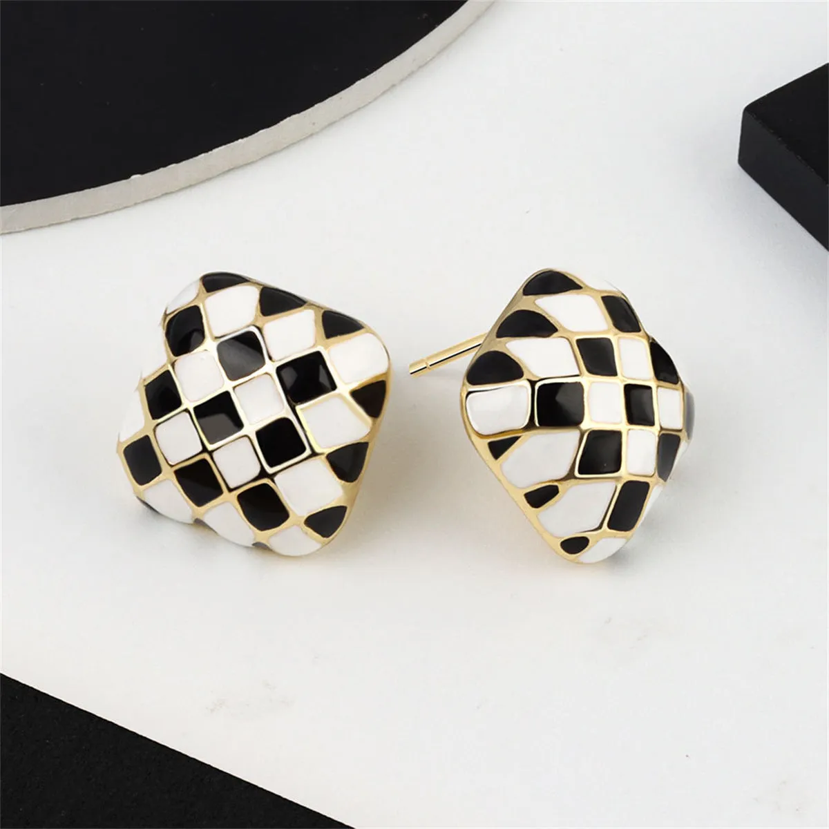 Black & White Checkerboard Square Stud Earrings