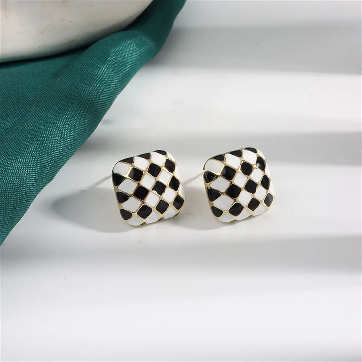 Black & White Checkerboard Square Stud Earrings
