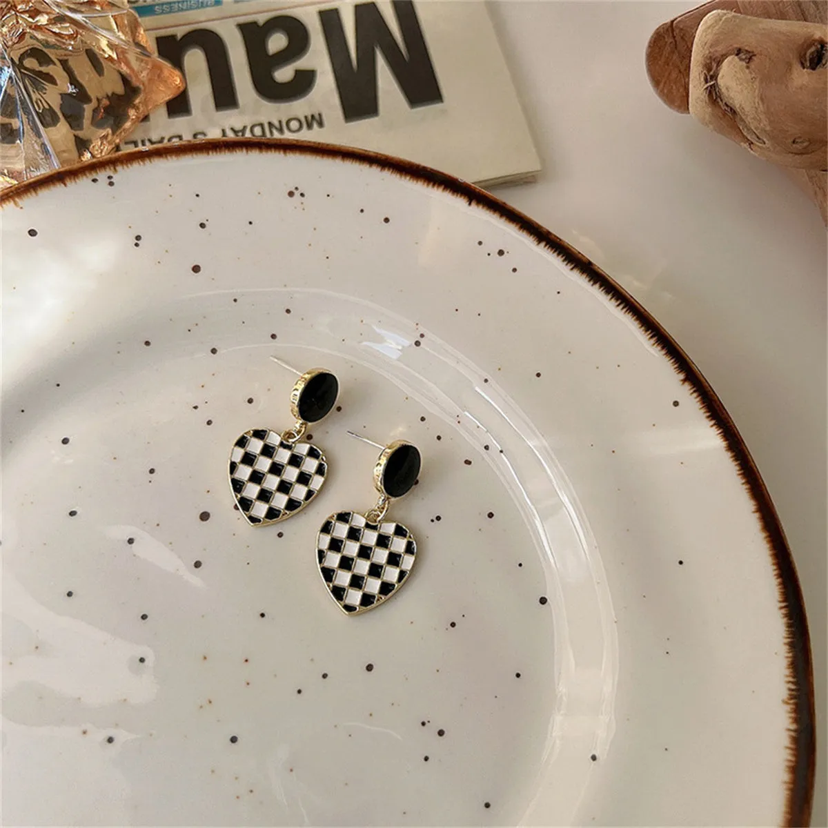 Black & White Enamel Checkerboard Tiered Heart Drop Earrings
