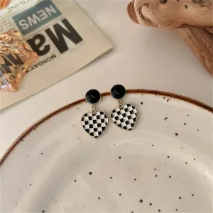 Black & White Enamel Checkerboard Tiered Heart Drop Earrings