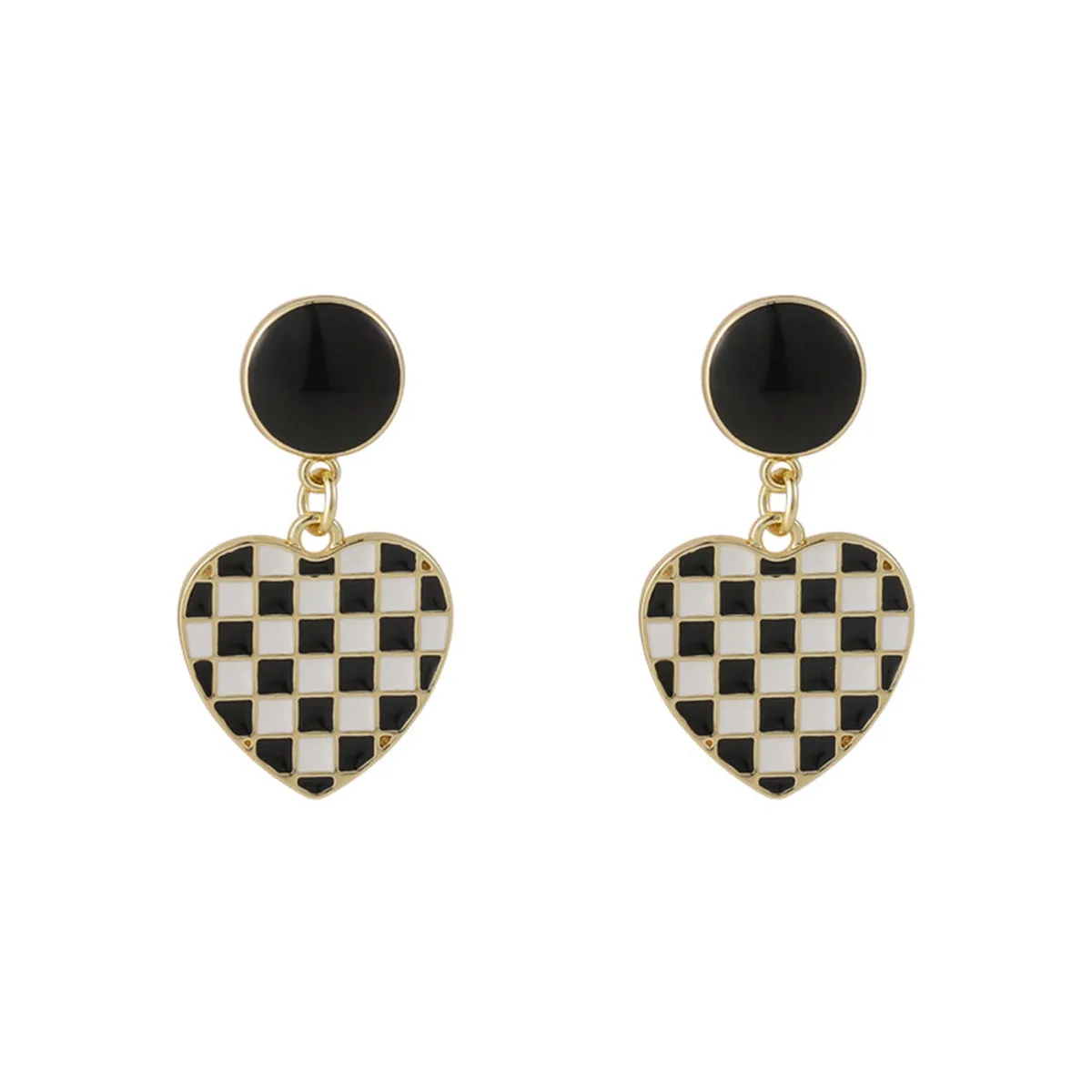Black & White Enamel Checkerboard Tiered Heart Drop Earrings