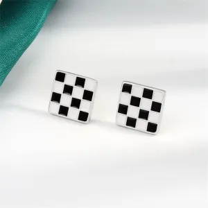 Black & White Plaid Square Stud Earrings
