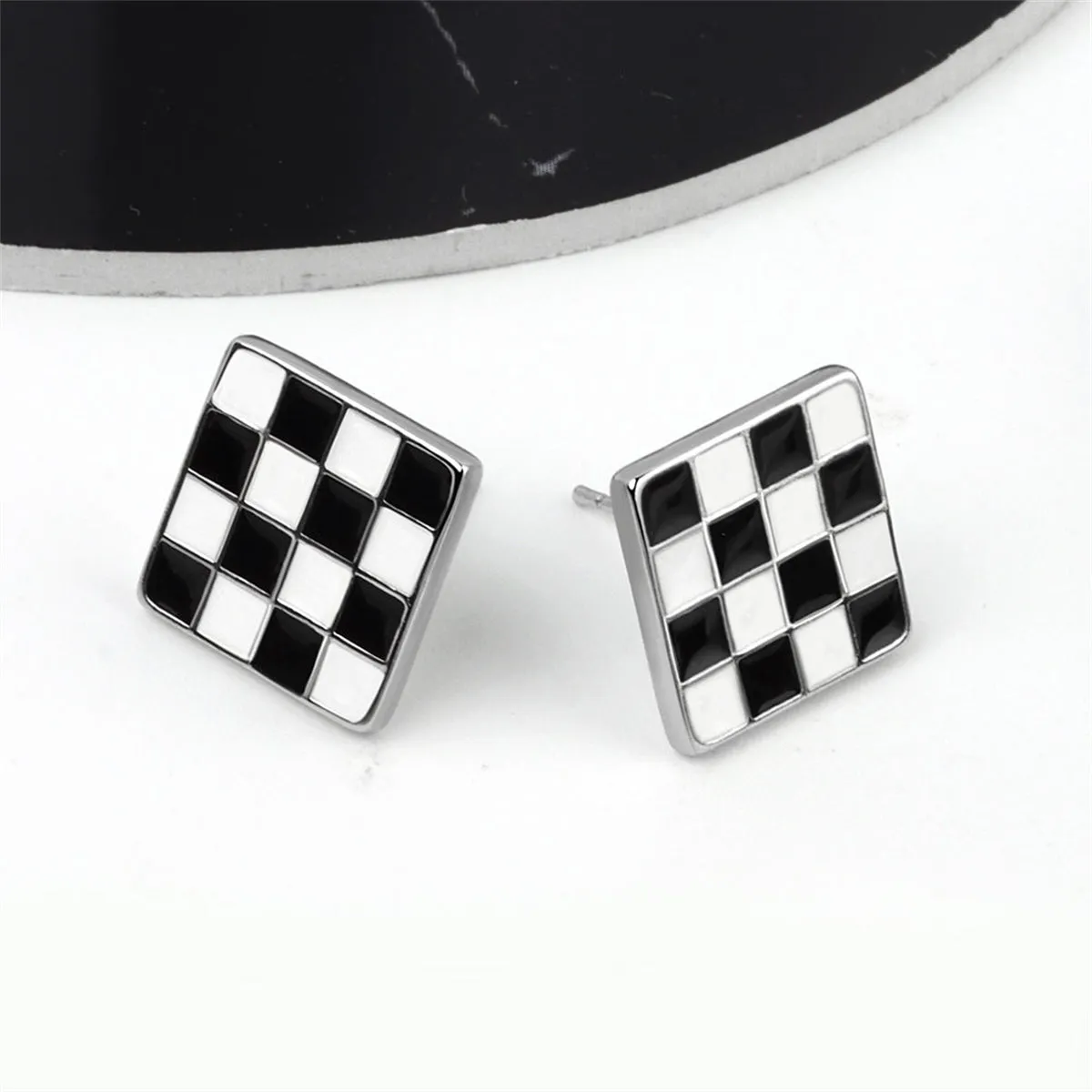 Black & White Plaid Square Stud Earrings