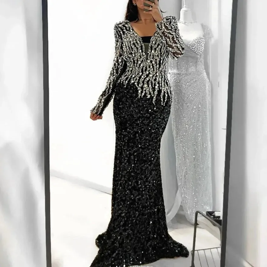 Black Elegant Mermaid Dress Adorned with Beads for Women