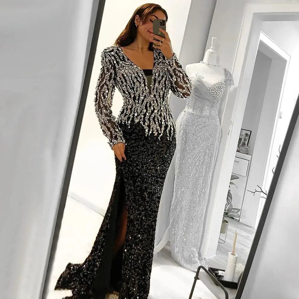 Black Elegant Mermaid Dress Adorned with Beads for Women