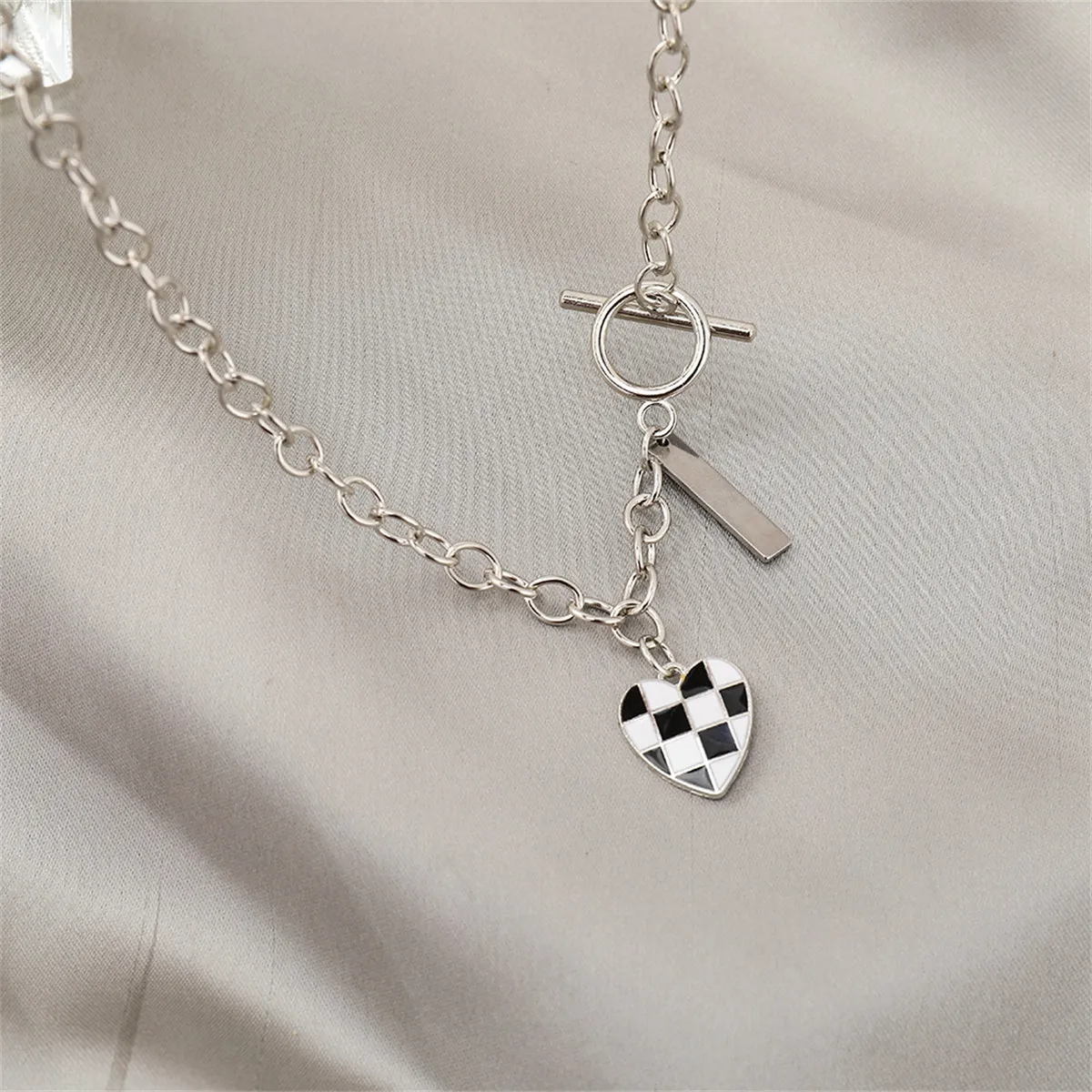 Black Enamel & Silver-Plated Checkerboard Heart Toggle Necklace