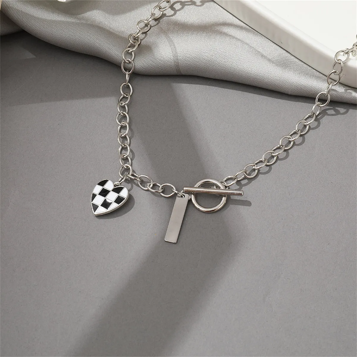 Black Enamel & Silver-Plated Checkerboard Heart Toggle Necklace