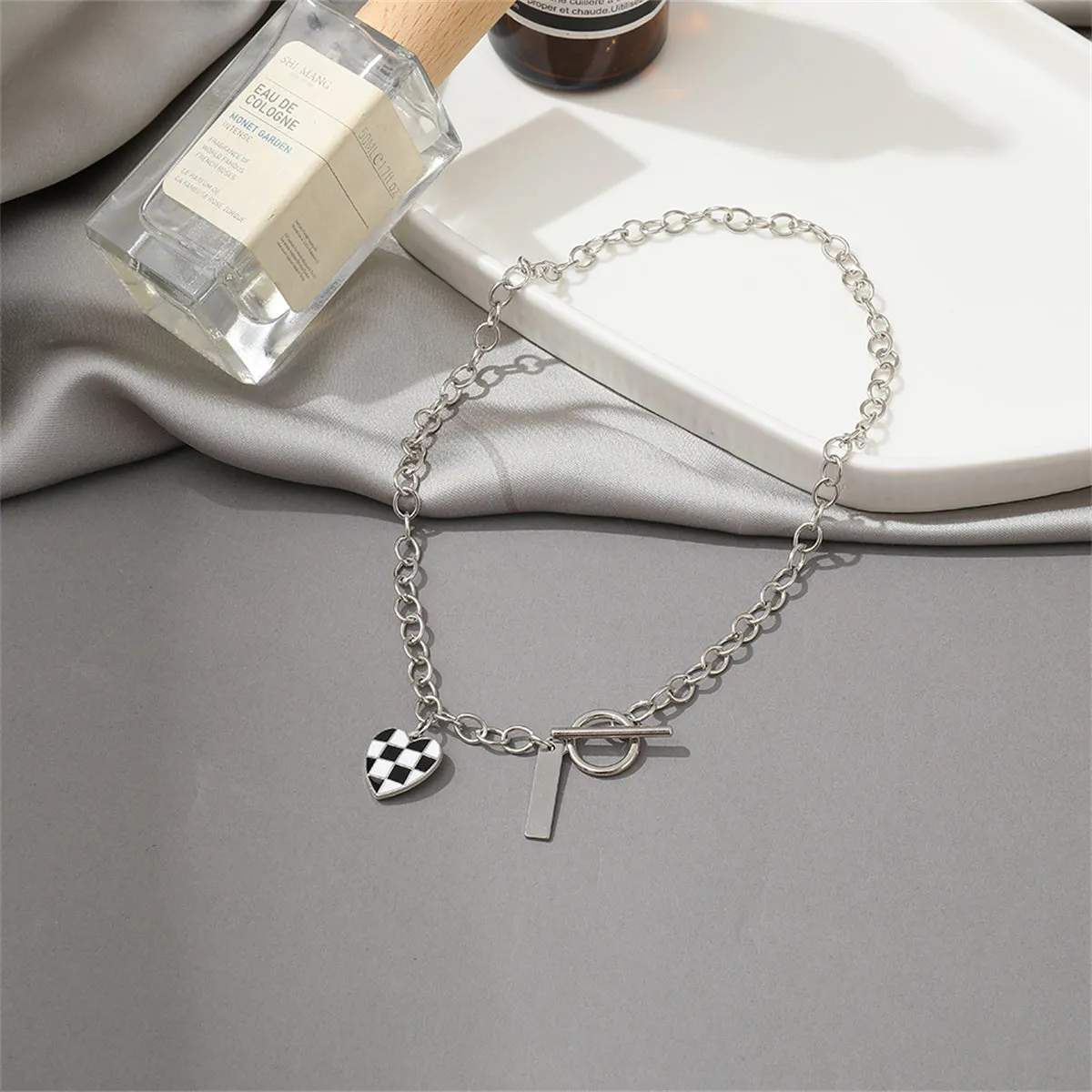Black Enamel & Silver-Plated Checkerboard Heart Toggle Necklace