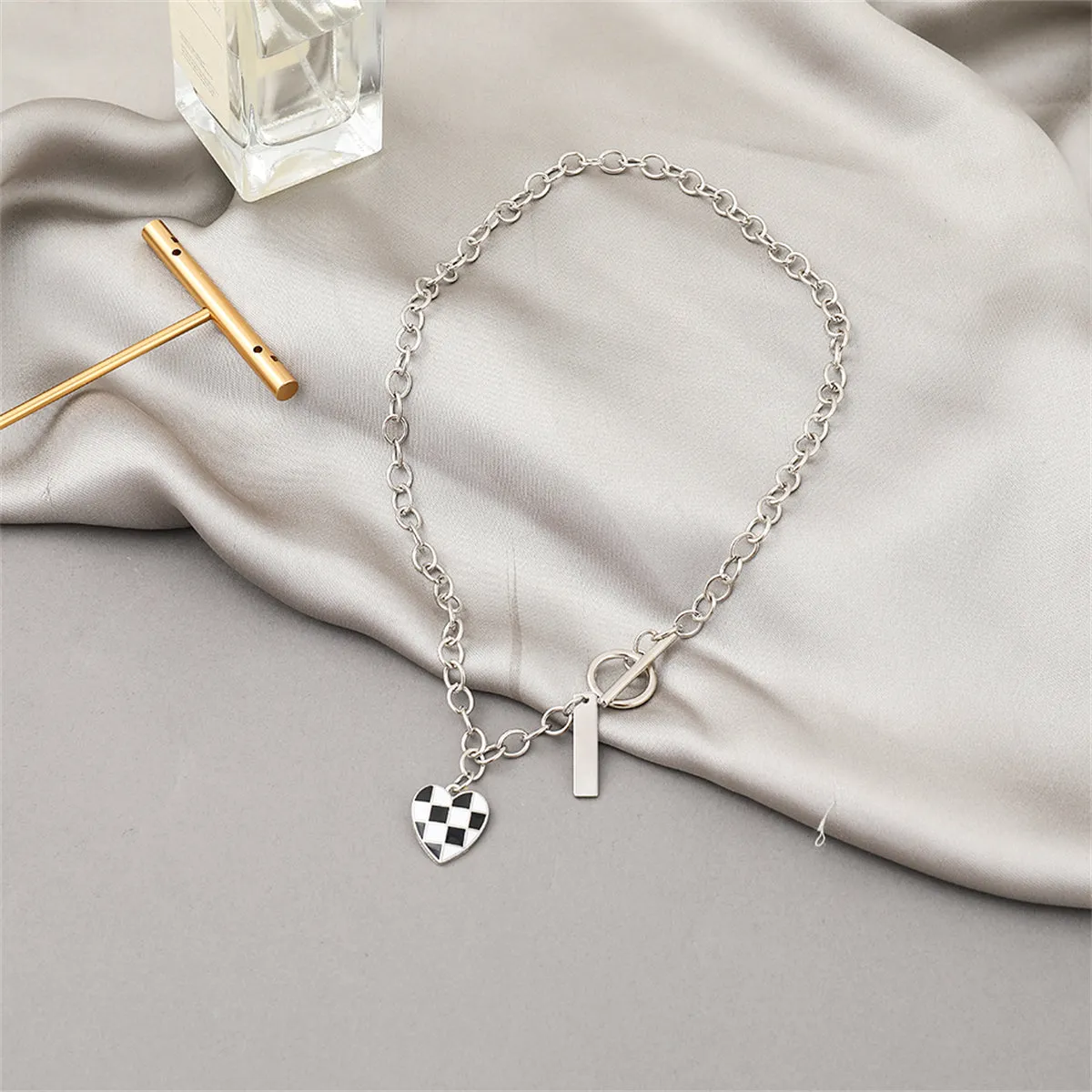Black Enamel & Silver-Plated Checkerboard Heart Toggle Necklace