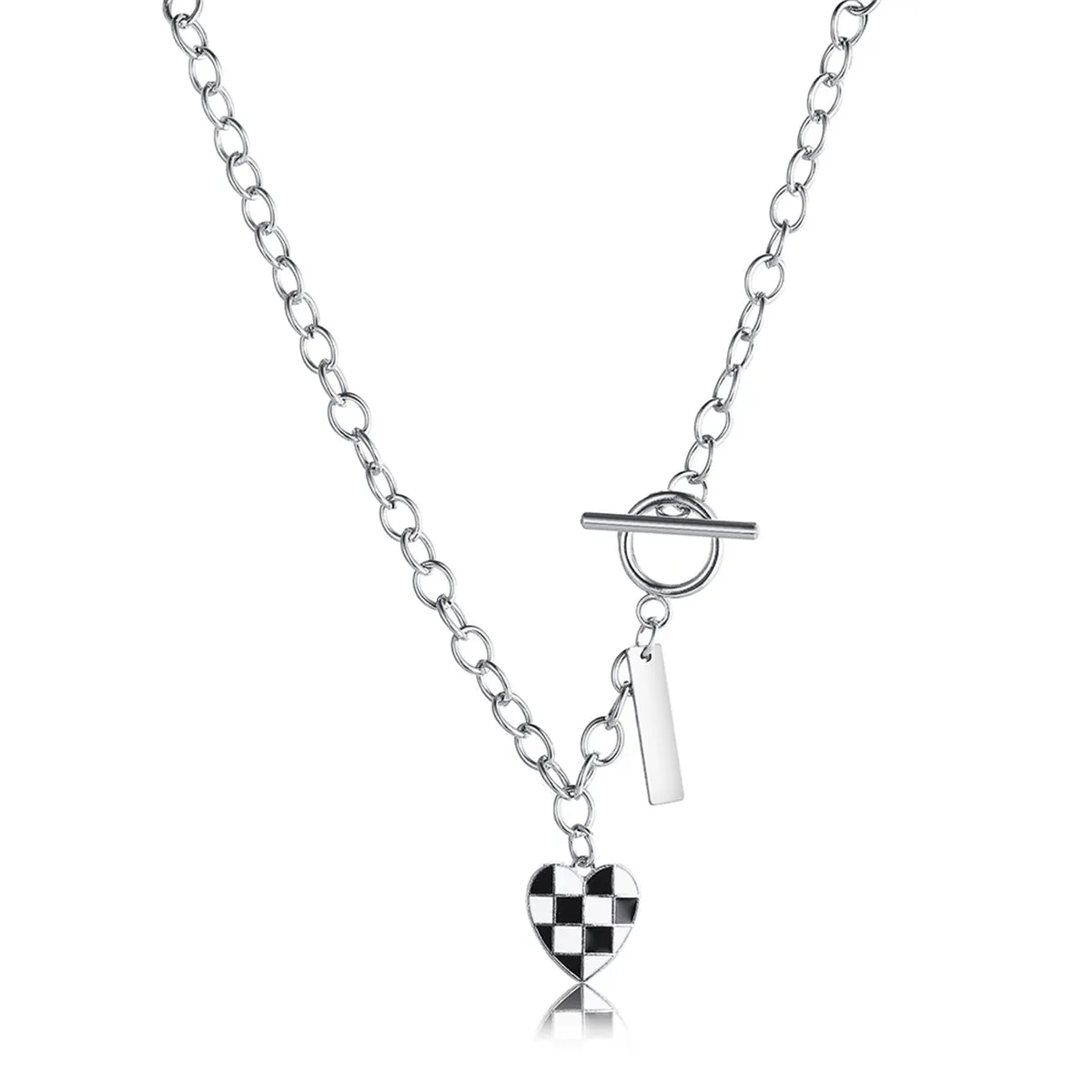 Black Enamel & Silver-Plated Checkerboard Heart Toggle Necklace
