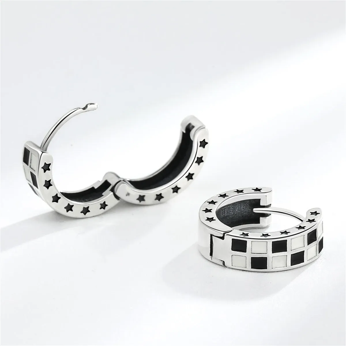 Black Enamel & Silver-Plated Checkerboard Huggie Earrings