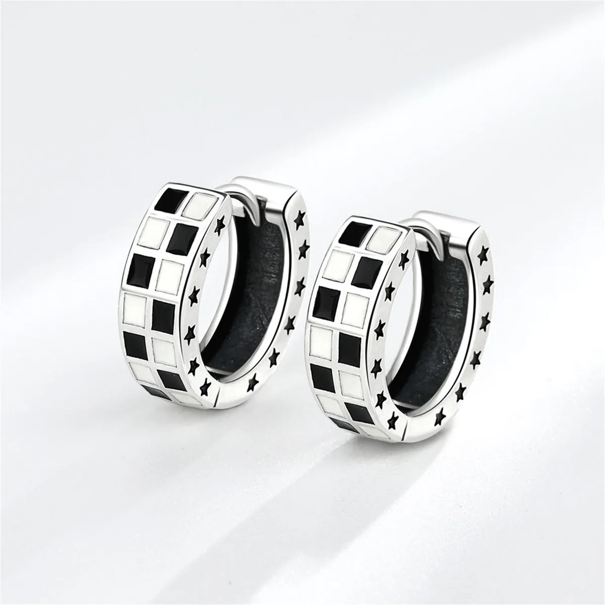 Black Enamel & Silver-Plated Checkerboard Huggie Earrings