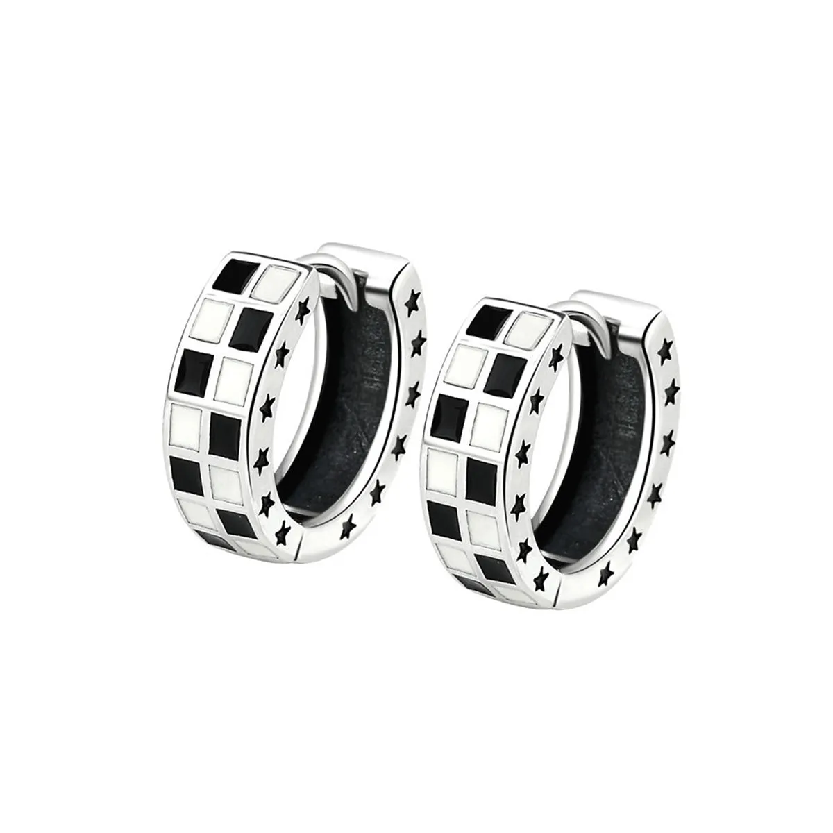 Black Enamel & Silver-Plated Checkerboard Huggie Earrings