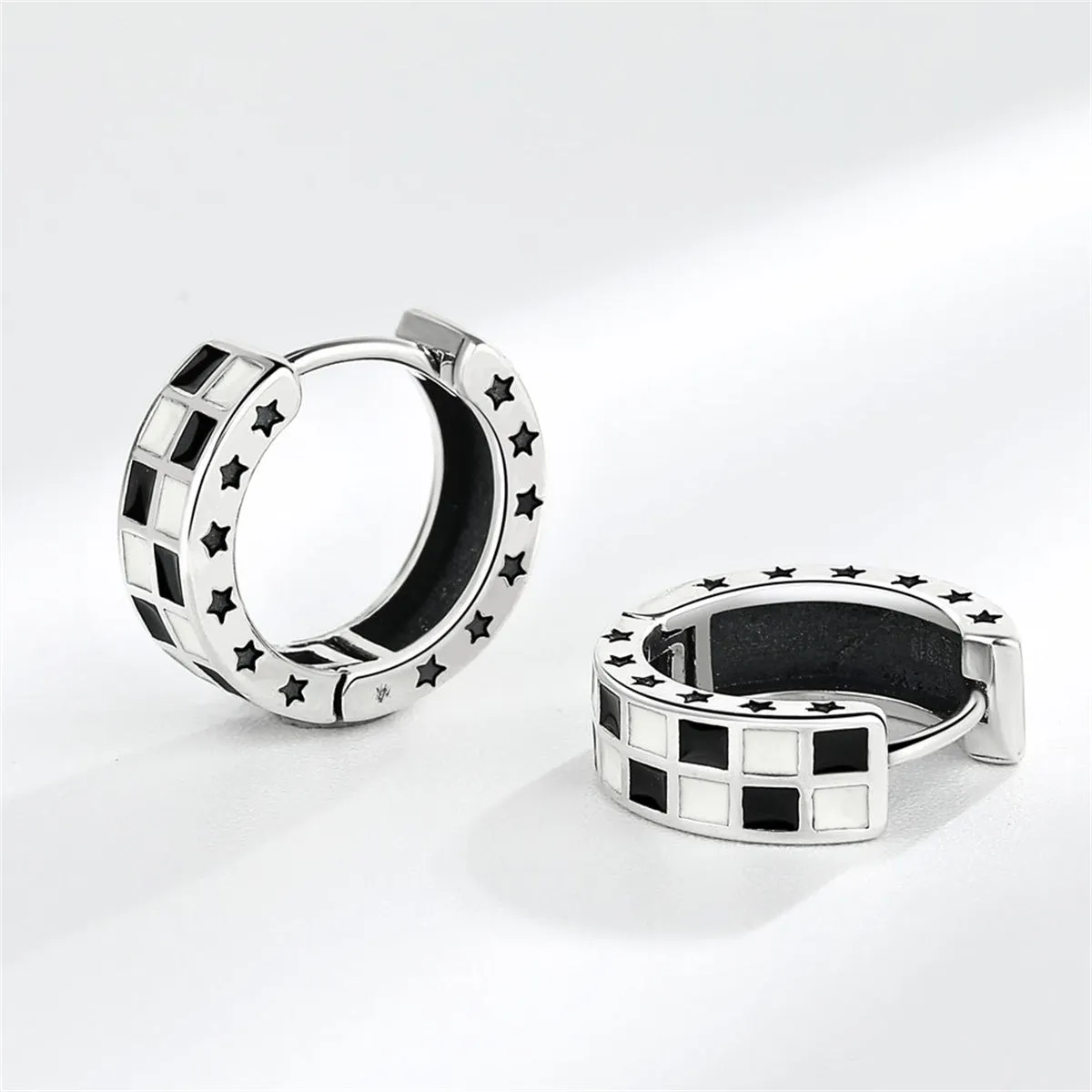 Black Enamel & Silver-Plated Checkerboard Huggie Earrings