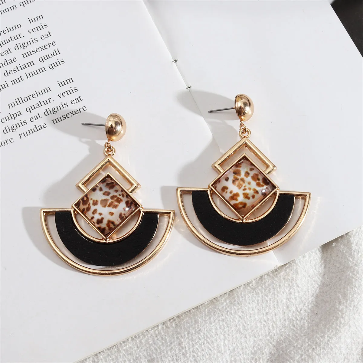 Black Wood & Resin 18K Gold-Plated Leopard Rhombus Fan Drop Earrings