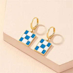 Blue & White Checkerboard Square Drop Huggie Earrings