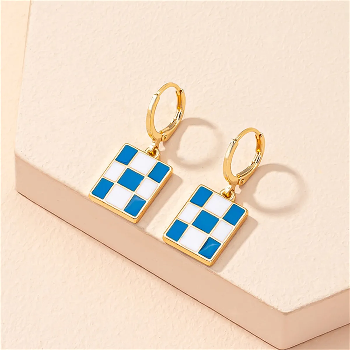 Blue & White Checkerboard Square Drop Huggie Earrings