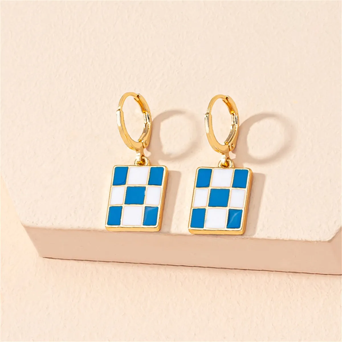 Blue & White Checkerboard Square Drop Huggie Earrings