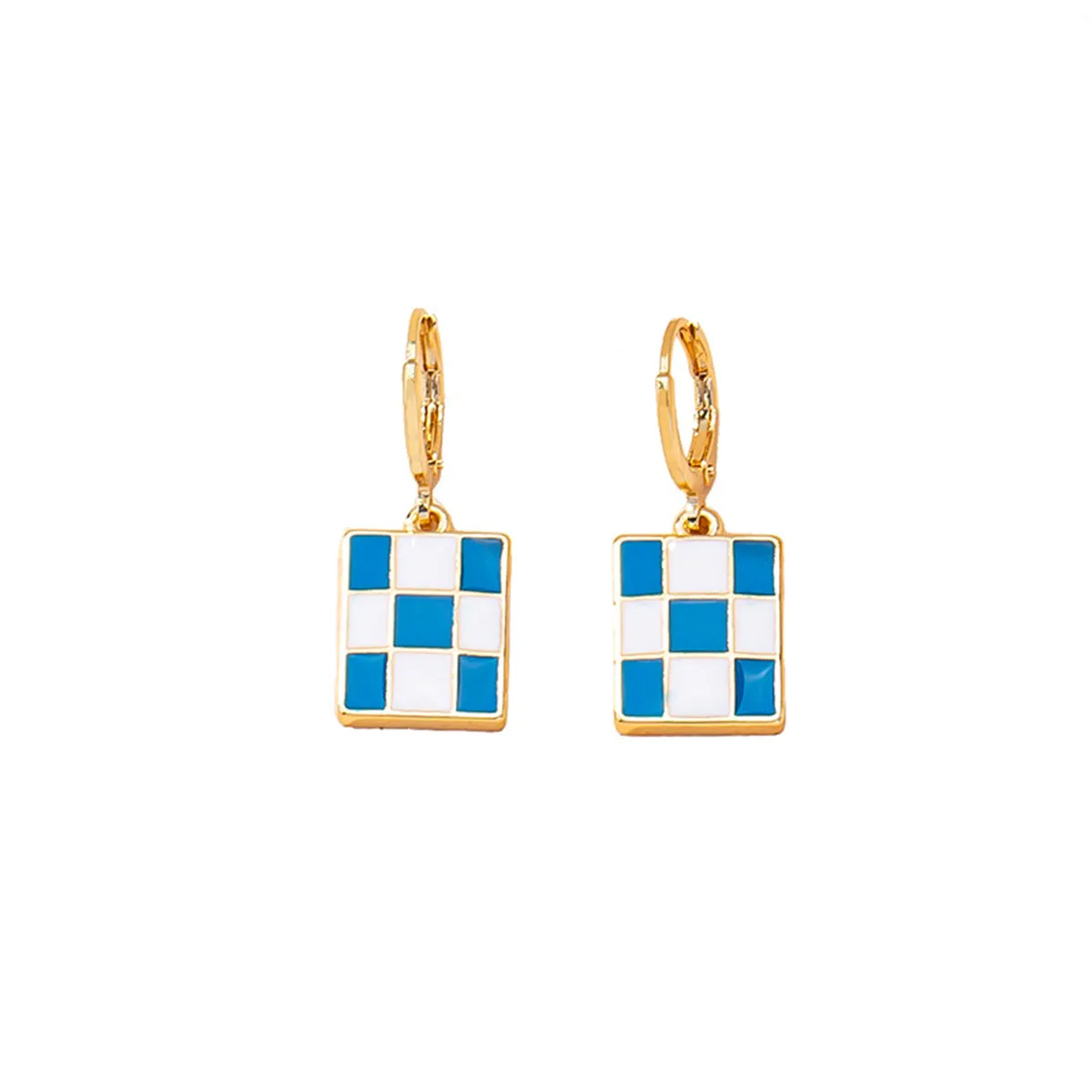 Blue & White Checkerboard Square Drop Huggie Earrings