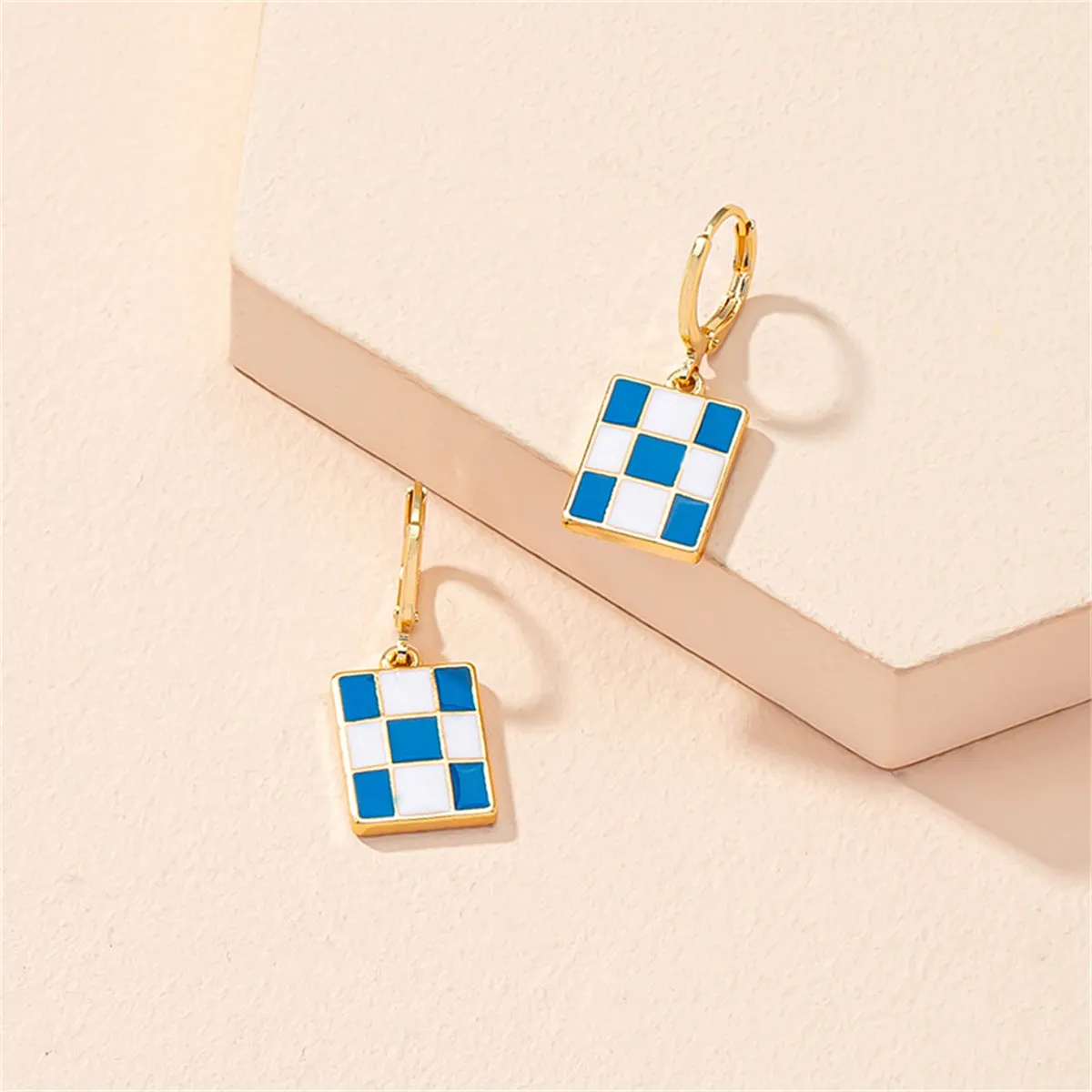 Blue & White Checkerboard Square Drop Huggie Earrings