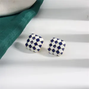 Blue & White Checkerboard Square Stud Earrings