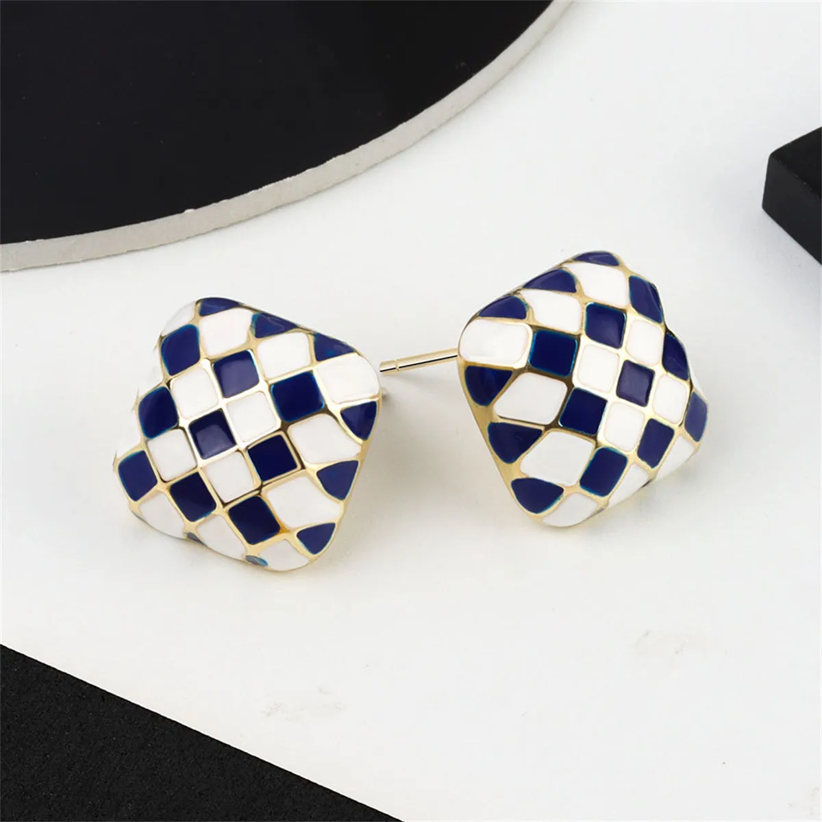 Blue & White Checkerboard Square Stud Earrings