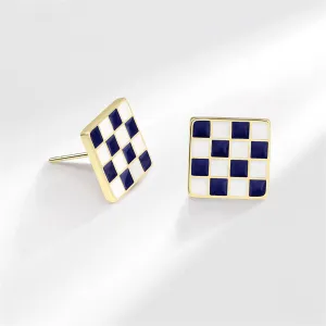 Blue Enamel & 18K Gold-Plated Plaid Square Stud Earrings