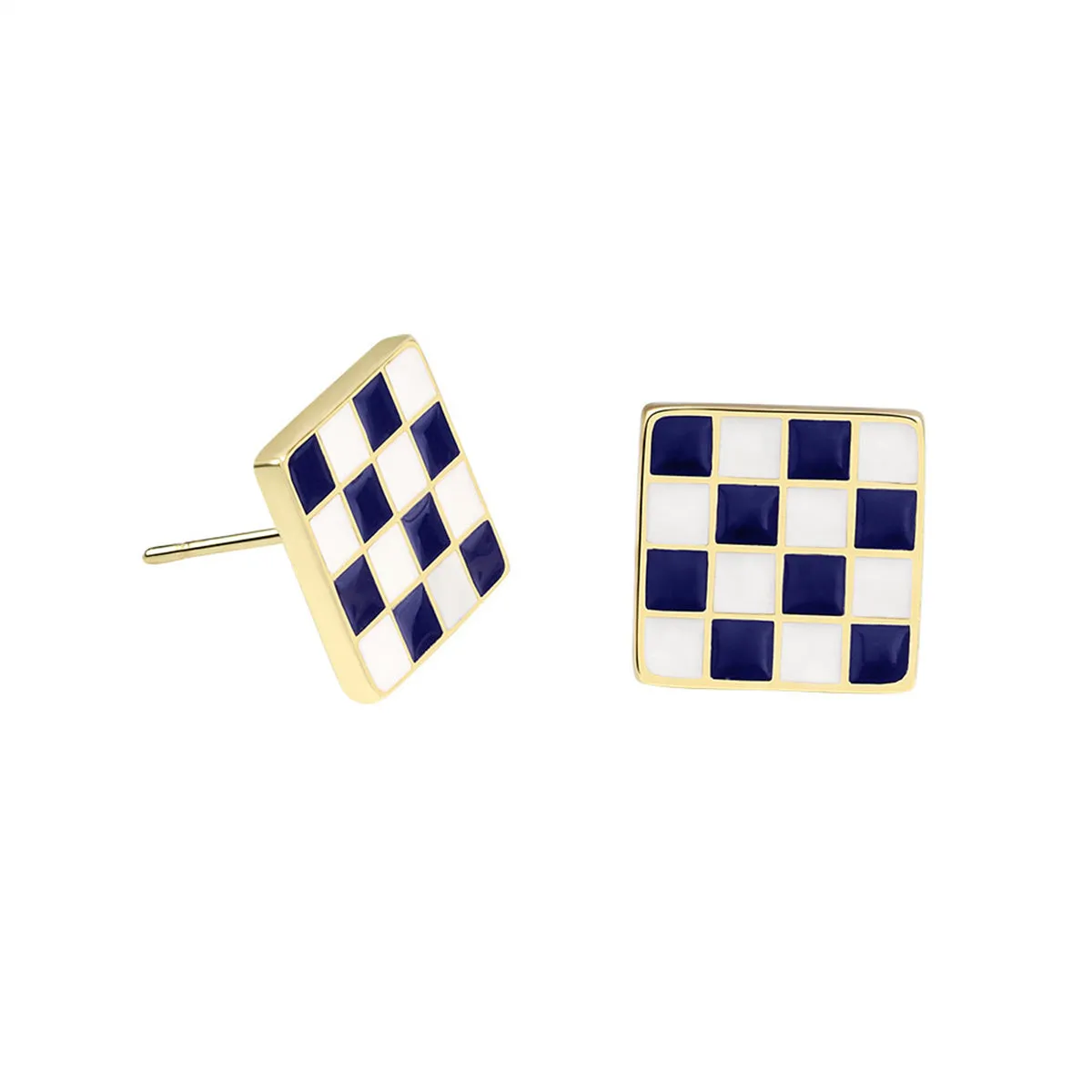 Blue Enamel & 18K Gold-Plated Plaid Square Stud Earrings