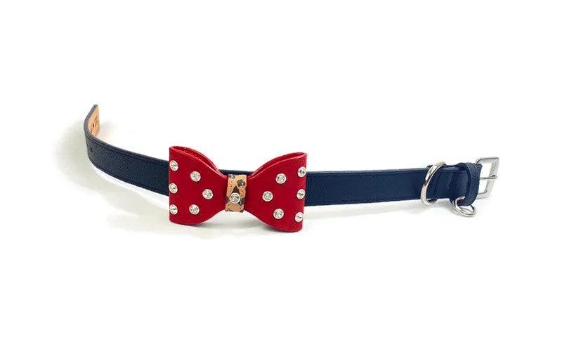Bow Leather Dog Collar with Austrian Crystals on Large Bow-Halloween