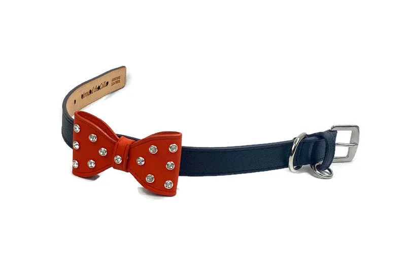 Bow Leather Dog Collar with Austrian Crystals on Large Bow-Halloween