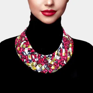 Braided Patterned Pink Fabric Bib Necklace