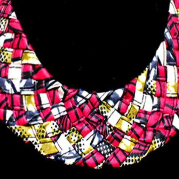 Braided Patterned Pink Fabric Bib Necklace