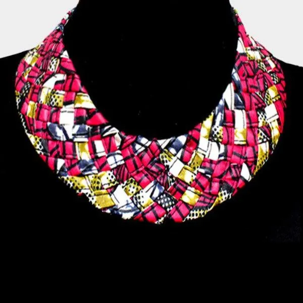 Braided Patterned Pink Fabric Bib Necklace