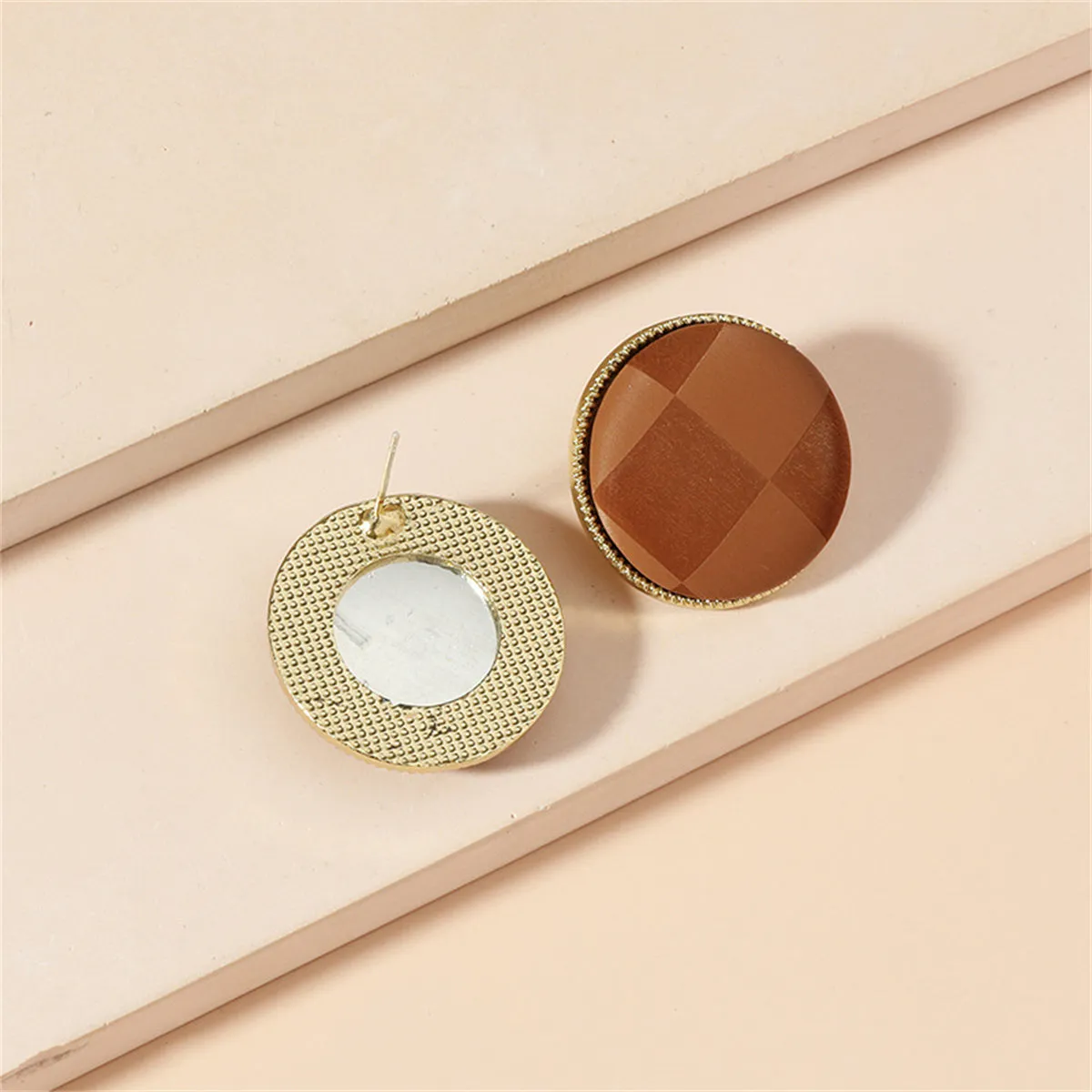 Coffee & 18K Gold-Plated Plaid Round Stud Earrings