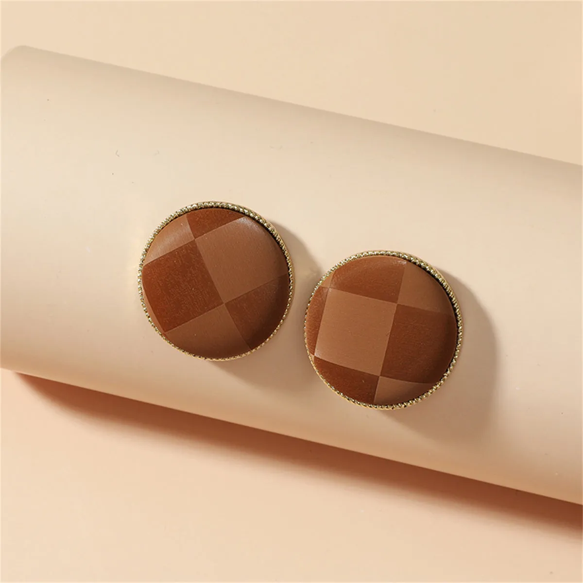 Coffee & 18K Gold-Plated Plaid Round Stud Earrings