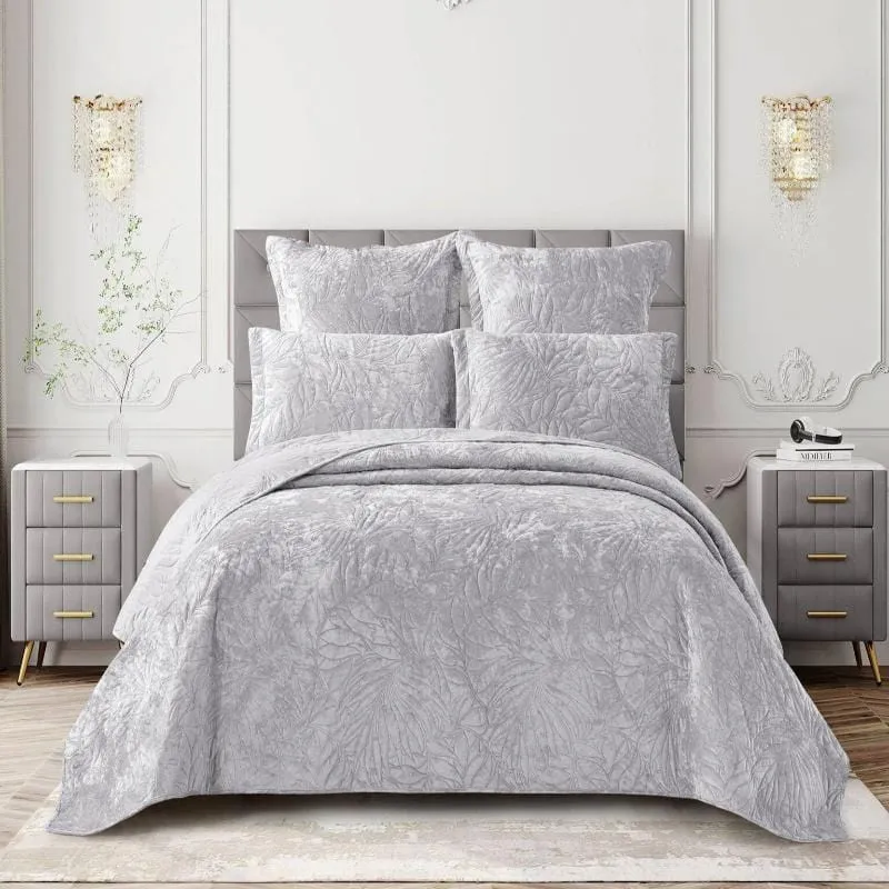 Cotton Co Oslo Queen Velvet Frost Reversible Luxury Quilt 5 Piece Grey OSG03