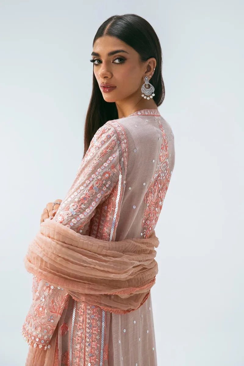 Creamy Peach Luxury Pret Poly Slub Angarkha Pakistani Party Wear