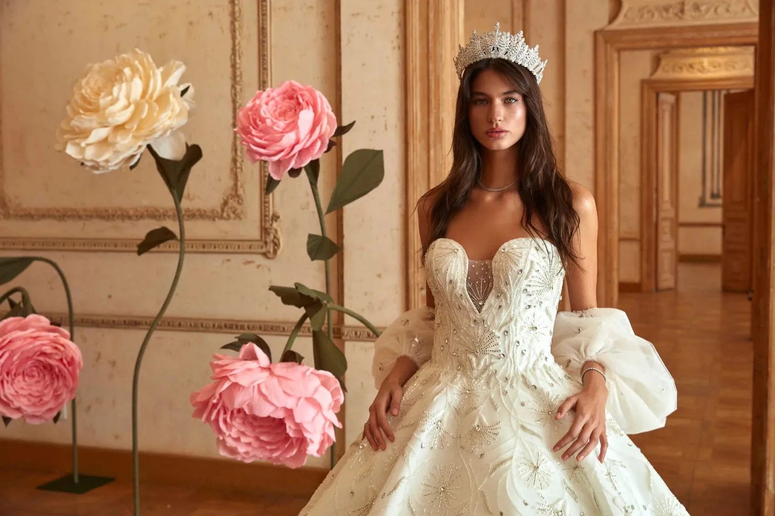 Crystal Embellished Off-White Wedding Gown Bridal Dress