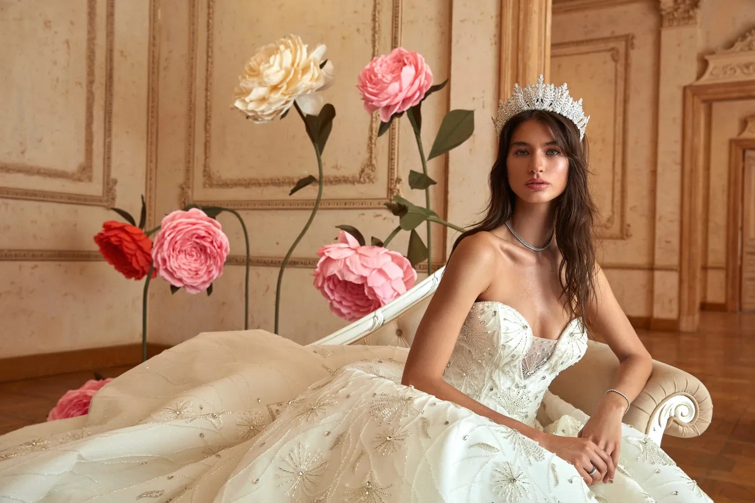 Crystal Embellished Off-White Wedding Gown Bridal Dress