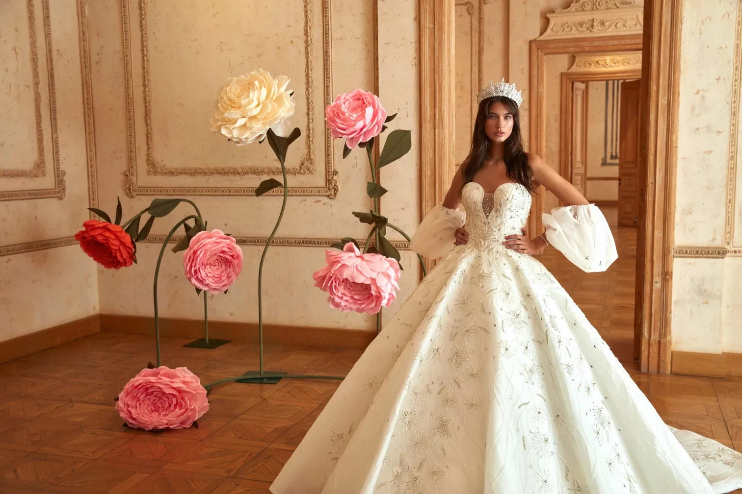 Crystal Embellished Off-White Wedding Gown Bridal Dress