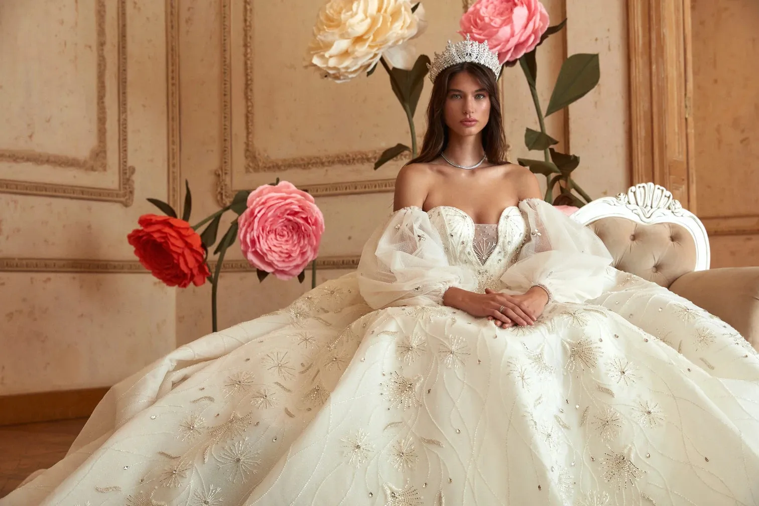 Crystal Embellished Off-White Wedding Gown Bridal Dress