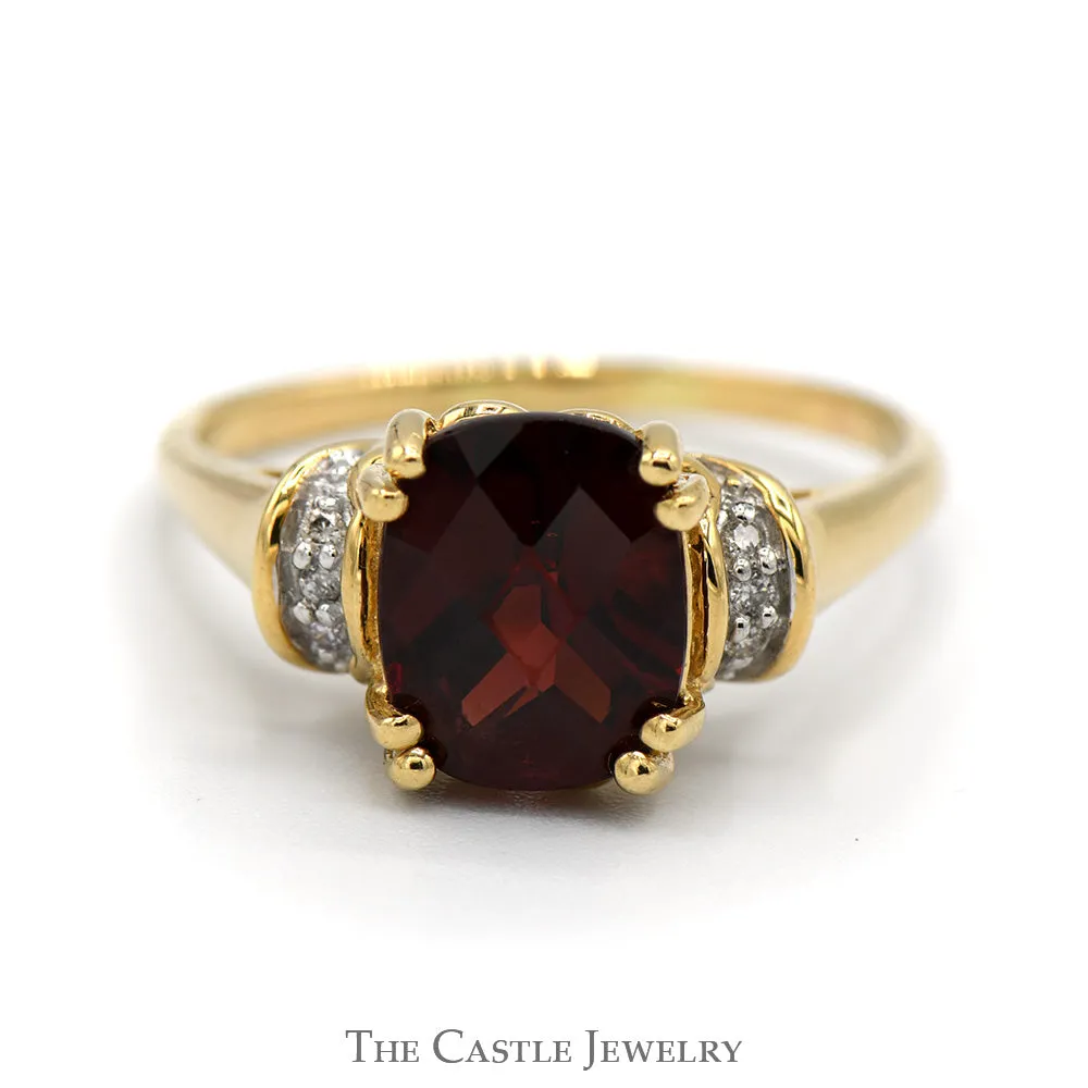 Cushion Cut Garnet Ring with Diamond Accents in 14k Yellow Gold