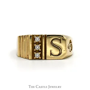 Diamond Accented "S" Stamped Men's Ring with Ridge Texture and Cherry Engraving in 10k Yellow Gold