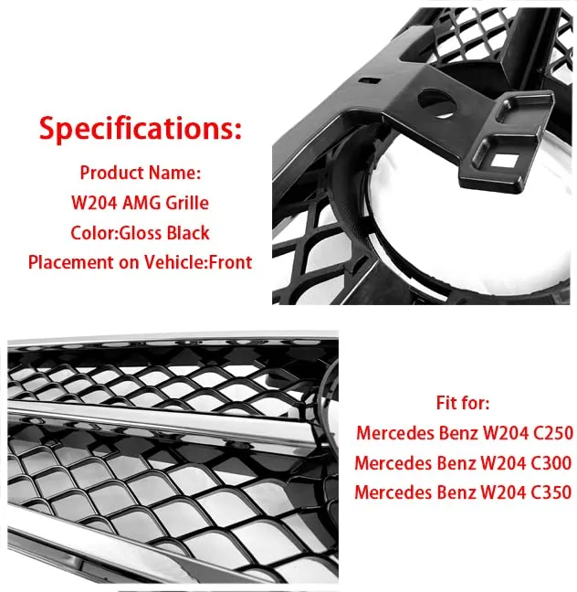 DIBON AUTO W204 Grill Front Grille Compatible with 2008-2014 Mercedes Benz W204 C Class C250 C300 C350 (AMG Style-Gloss Black)